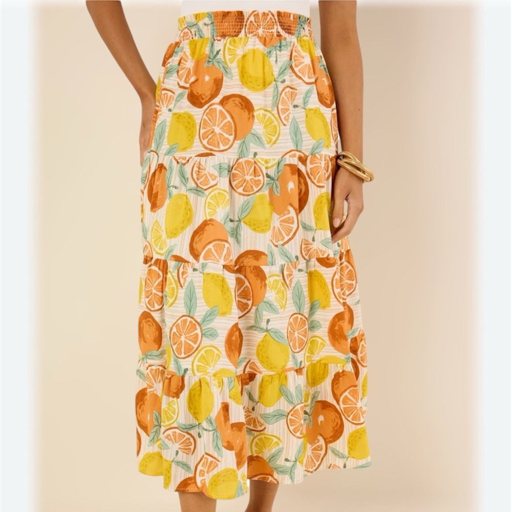 NWT Size Large Kaktus Orange and Yellow Fruit Print Maxi Skirt